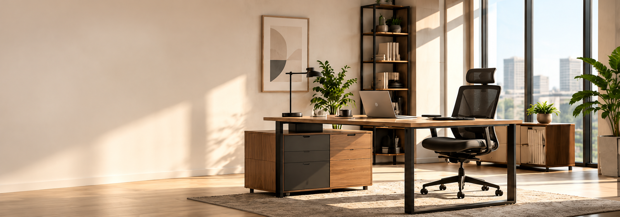 Complete wood office desk, ergonomic chair and storage in a sunlit workspace